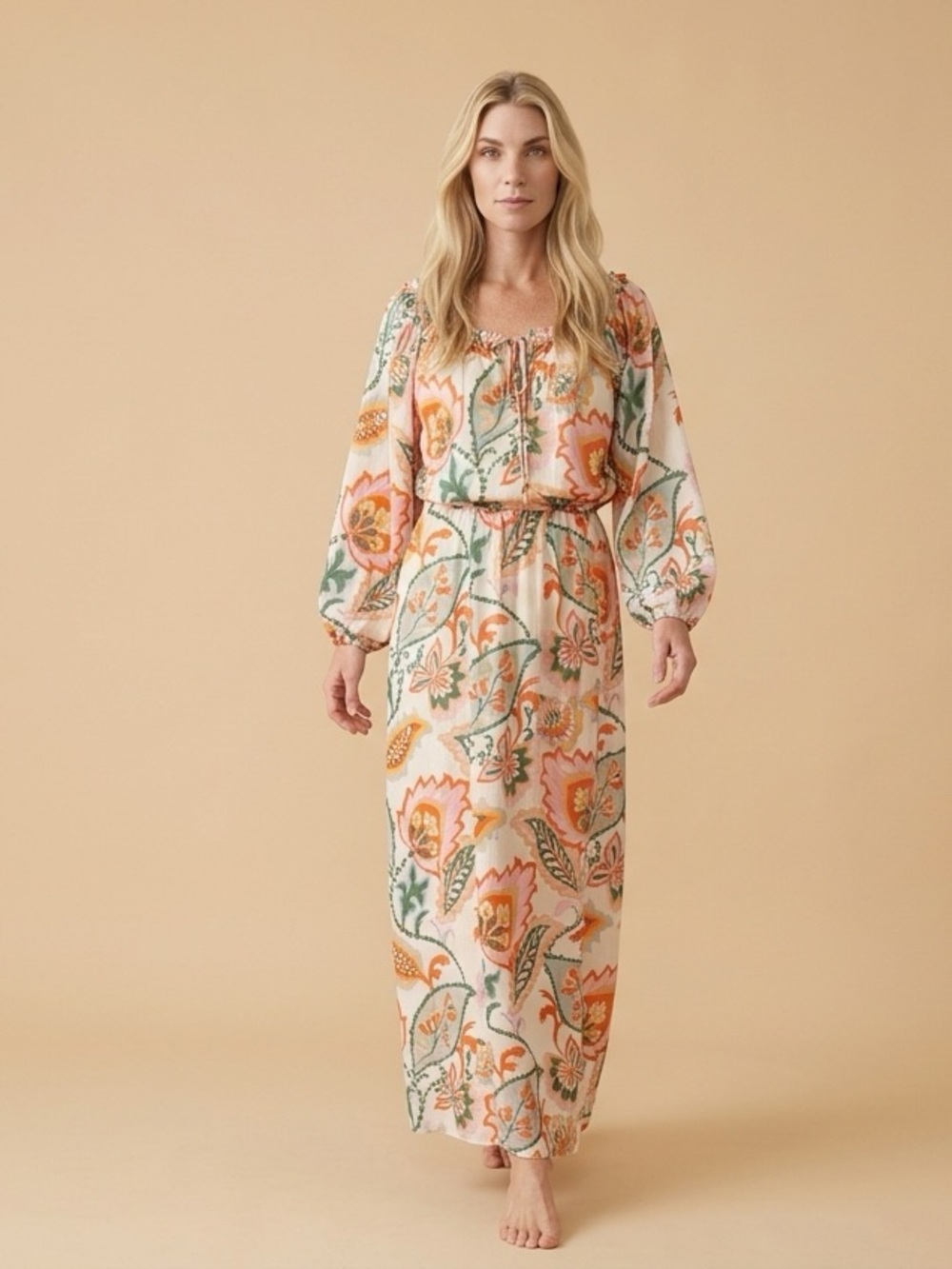1. State Cream Maxi Dress with Orange & Green Floral Print
